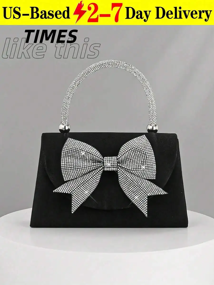 

Black Satin Flap Clutch Evening Bag With Rhinestone Bow Decor For Party Wedding Banquet
