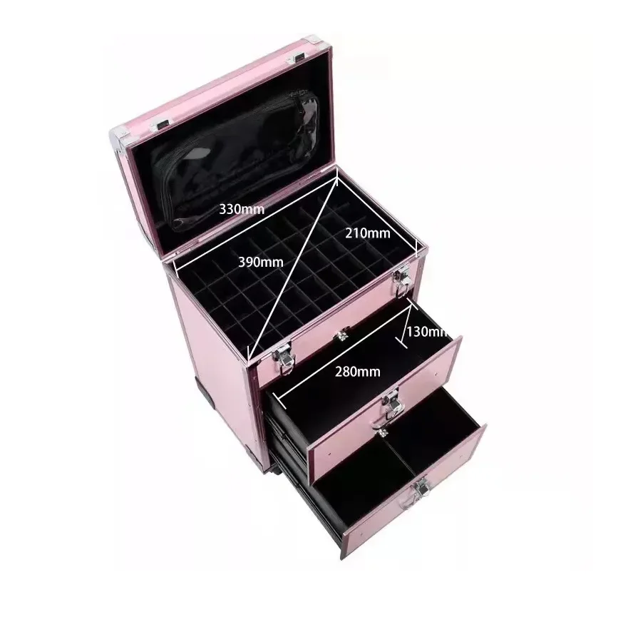 حقيبة مكياج احترافية ذات سعة كبيرة بعجلات دوارة حقيبة سفر لمستحضرات التجميل على عربة أظافر وشم مانيكير