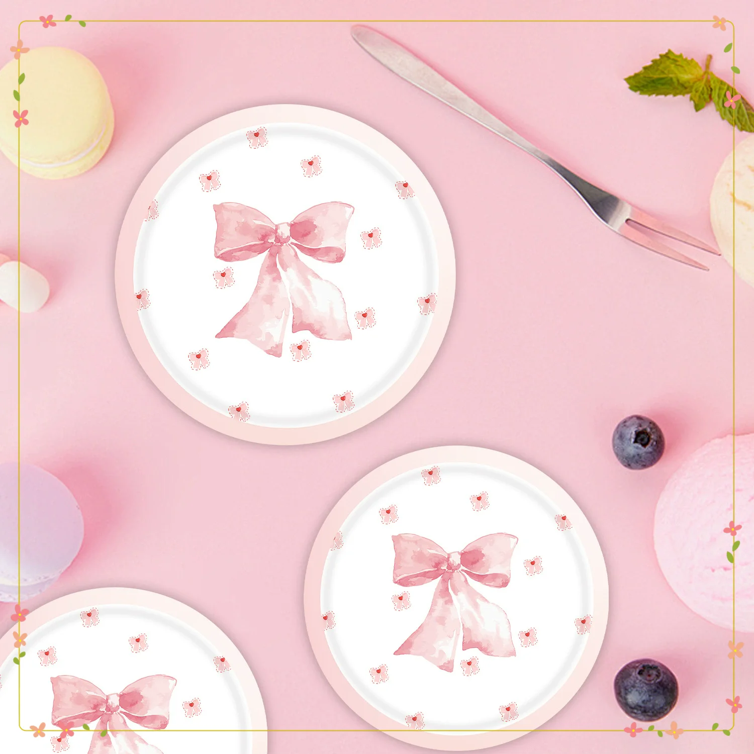 

New 10pcs Pink bow birthday party supplies Paper 9/7 Inch Disposable Dinner Dessert Plates