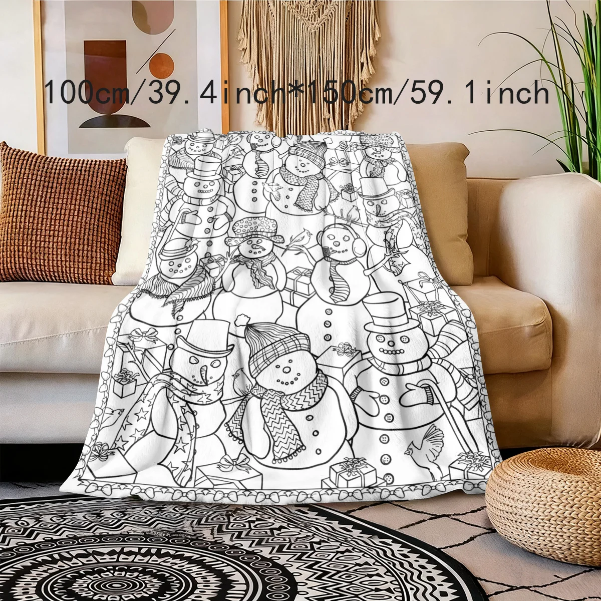 1pc 2D Flat Christmas Snowman DIY Coloring Blanket, Hand-drawn Style Soft Warm Throw, All Season Use, Ideal Holiday Gift