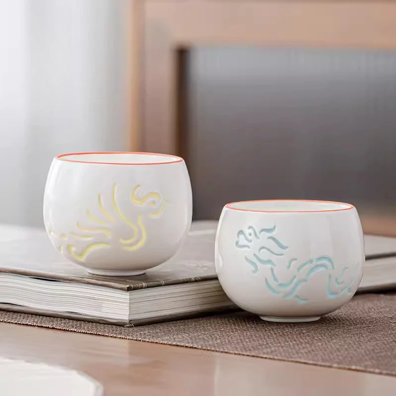 Mutton Fat Jade Porcelain Gongfu Tea Cup Set， Handmade Hollow Dragon Phoenix Design， Chinese Ceramic Tea Cup for Tea Ceremony