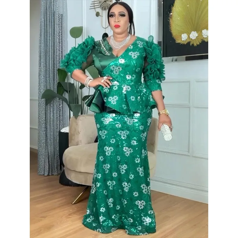 

Plus Size African Party Dresses for Women Dashiki Sequin Sexy Bodycon Long Dress Elegant Turkey Muslim Wedding Evening Gown