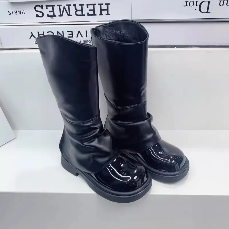 Fashion Patent Leather Long Boots for Girls Autumn Winter Back Zipper Kids Princess Boots Plush Warm Children Shoes Botas Niña