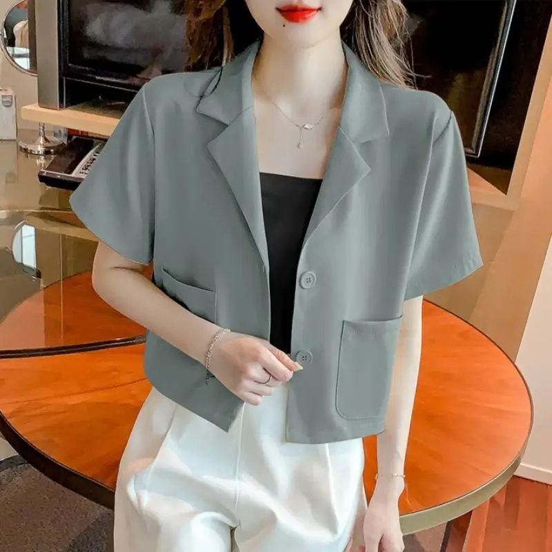 Women Summer Trendy Short Sleeve Chic Commute Single Breasted Blazers Female Korean Solid Casual Streetwear Cropped Suit Jacket