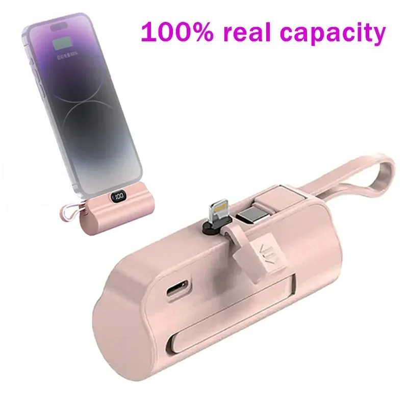 Mini Capsule Power Bank 2-in-1 5000mAh Portable Charger with LED Display Screen Emergency Battery with Integrated Cable