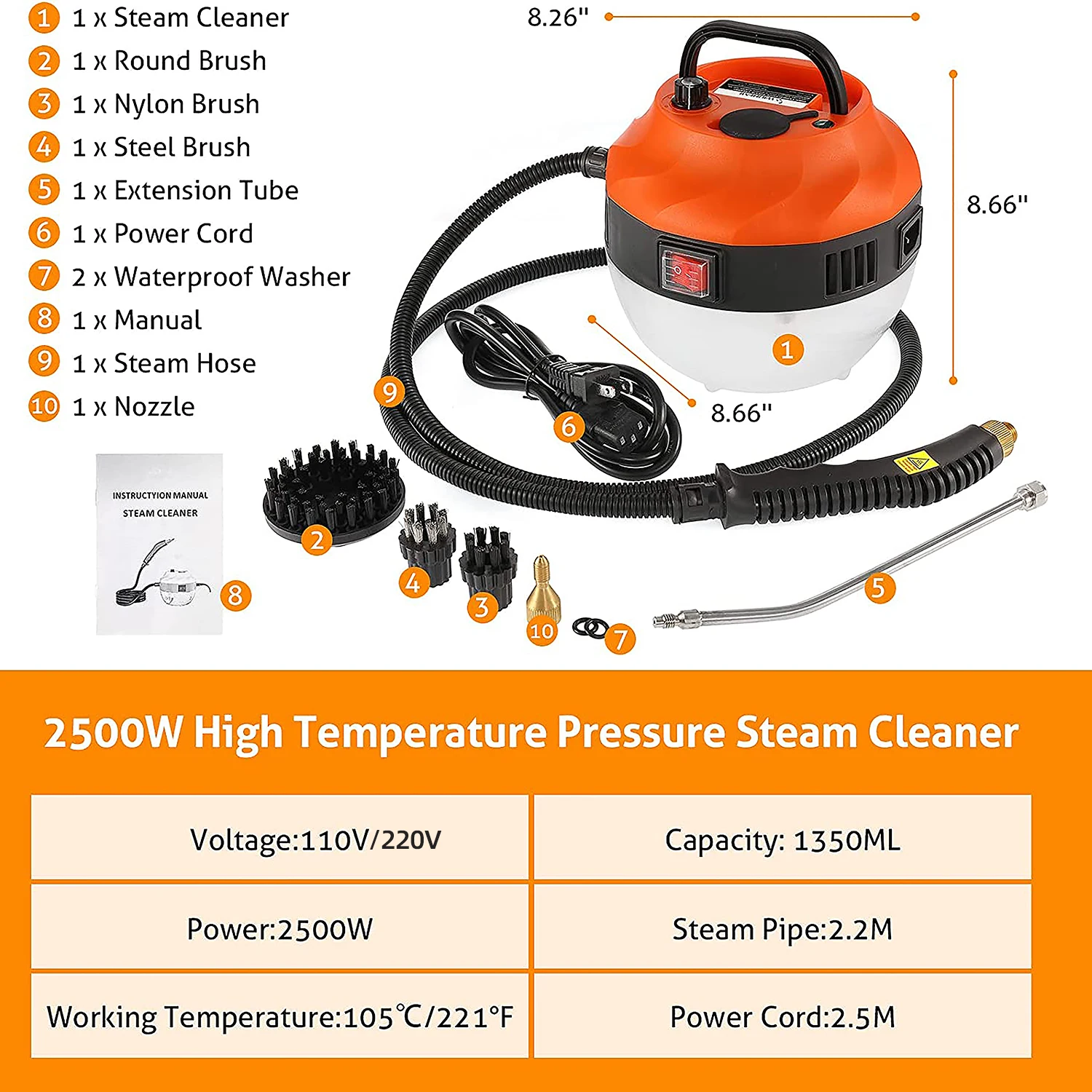 Handheld Steam Cleaner 2800W High Pressure Cleaning Machine with 3 Brushs, Large Capacity Portable Steamer for Kitchen, Sofa