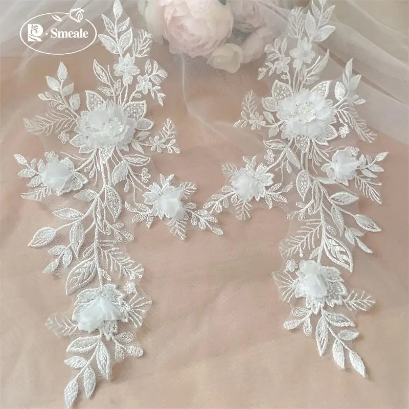 Weiße 3D-Applikationen mit Perlen, Spiegelblumen, Blumenblätter, Stickerei für Hochzeitskleider, Kopfschmuck, DIY-Nähzubehör, Patch. – Detail 2