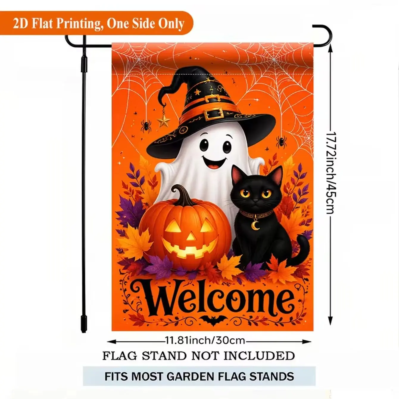 1 2D Flat Garden Flag, Halloween Pumpkin and Black Cat Design Single sided Polyester Garden Flag, Excluding Flagpole (Flag Only)