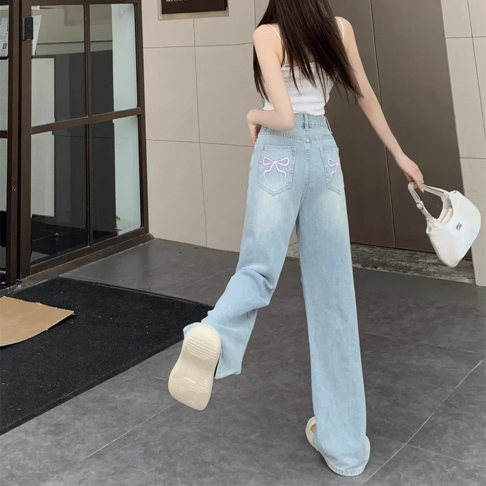 

Sophisticated Women's Wide Leg Jeans embellished with a Cute Pink Bow High Rise Straight Loose Fit Perfect for Leisurely Days