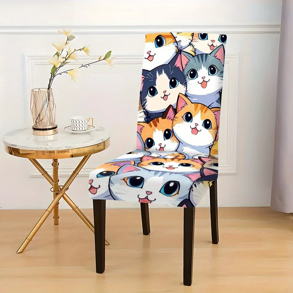 2/4/6pcs Cute Cat Printed Stretch Chair Cover - Removable Washable Dining Seat Slipcover for Kitchen, Hotel & Party Decor