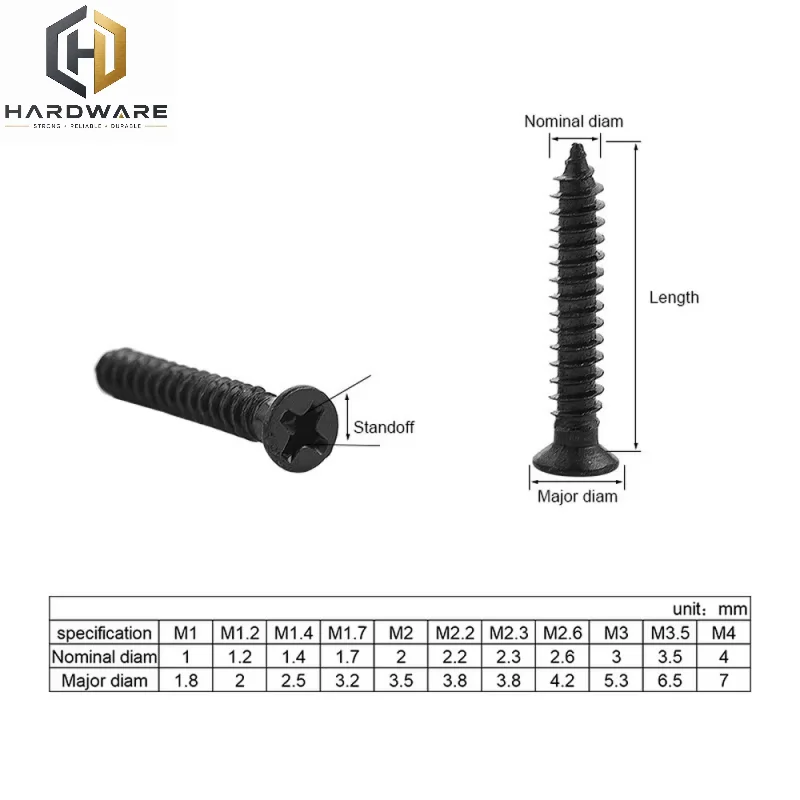 100pcs/lot Cross Countersunk Flat Head Self-tapping Screw M1 M1.2 M1.4 M1.5 M2 M2.6 M3 M3.5 M 4 M5 Black Carbon Steel Phillips