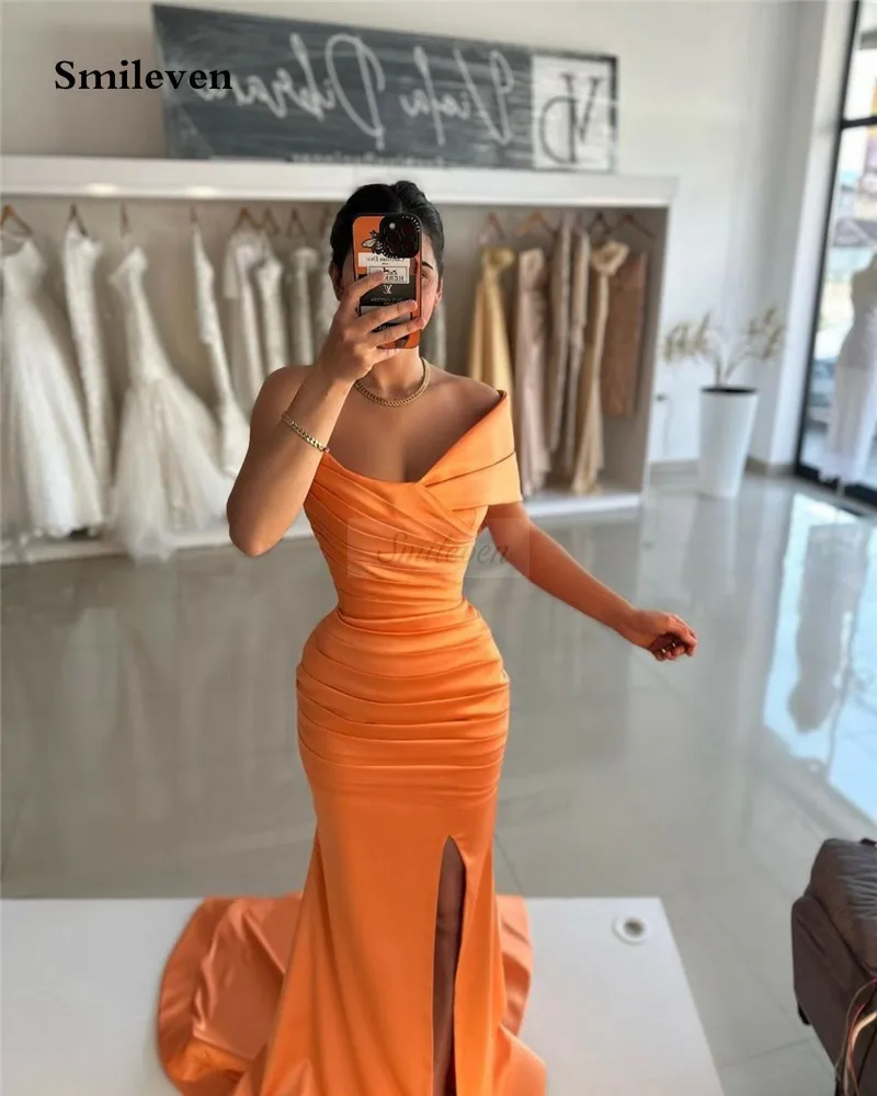 Smileven Orange Pleats Mermaid Evening Dress Slik Satin Prom Dresses robe de soirée Off The Shoulder Party Gowns 2024