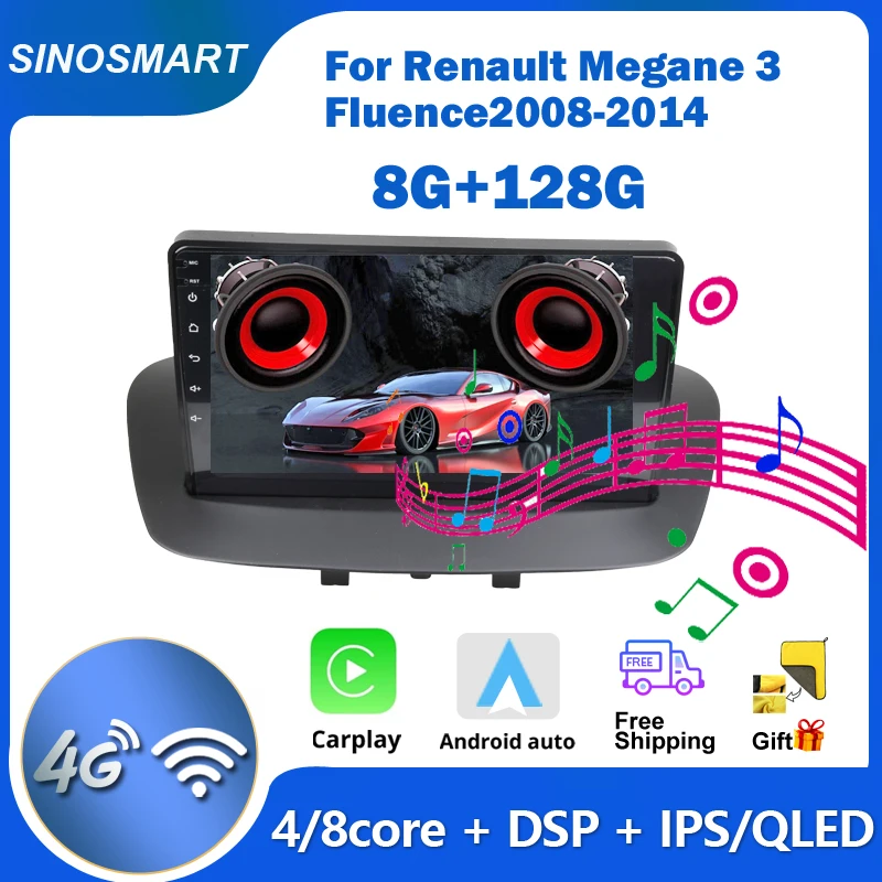 SINOSMART Car Radio Multimedia for Renault Megane 3 Android Fluence Samsung SM3 2008-2014 GPS Navigation Player 2.5D IPS/QLED