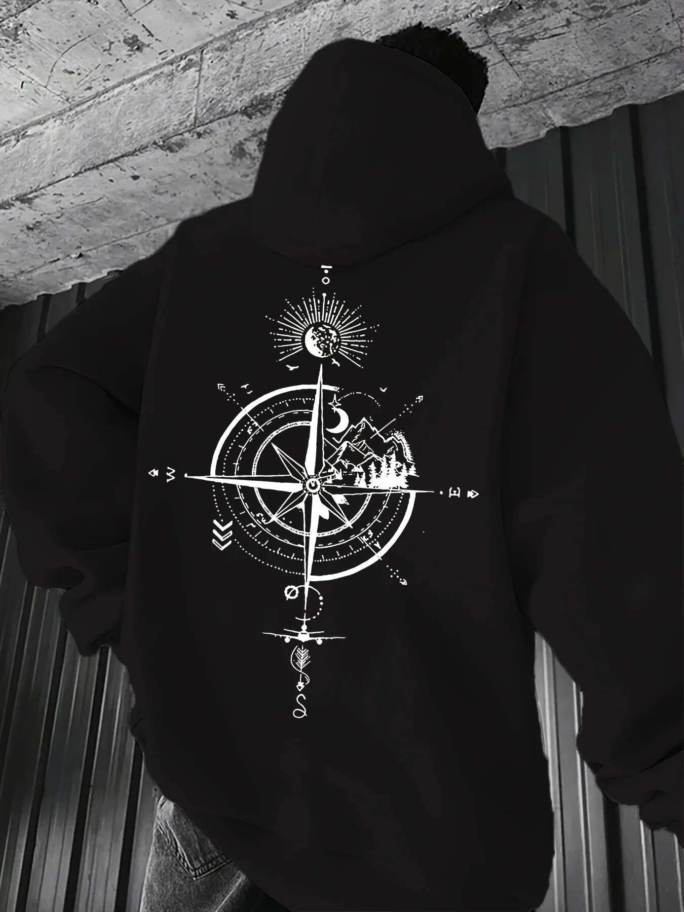 Men's Retro Compass Print Hoodie Autumn/Winter Outdoor Long-Sleeve Hoodie Street Casual Fashion Hoodie Hip Hop Style Y2K Trend