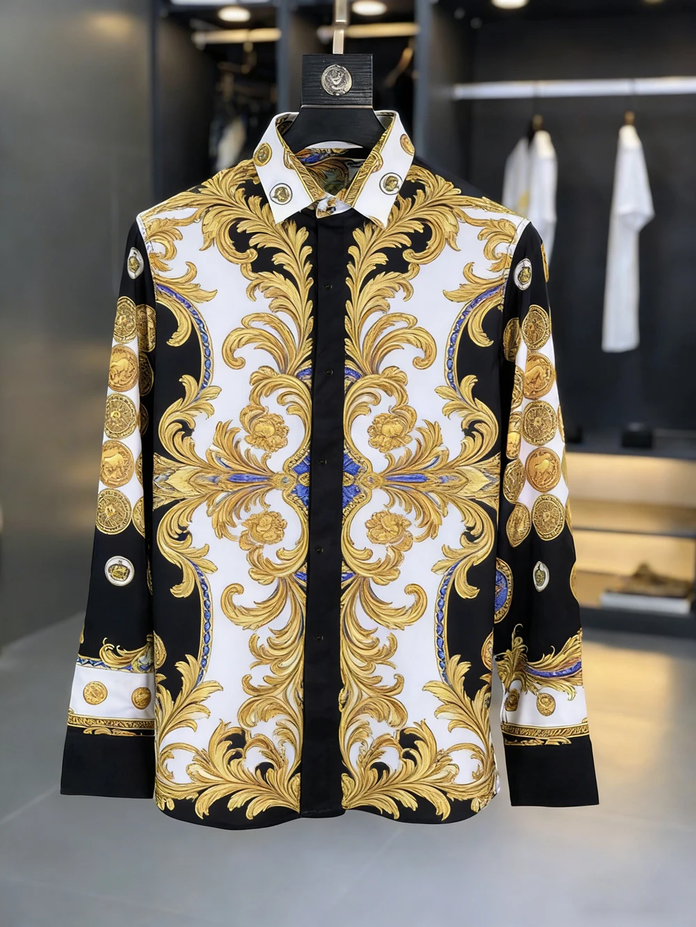 Men Black Gold Baroque Scroll Floral Print Long Sleeve Shirt Contrast Collar Cuffs Formal Party Evening Daily Tops