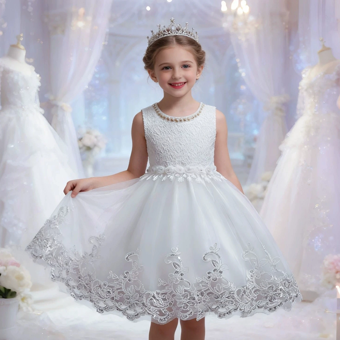 

Белое платье подружки невесты для девочек с цветочной вышивкой, платье принцессы, бальное платье для вечеринки, элегантное свадебное/праздничное платье для девочек 2026