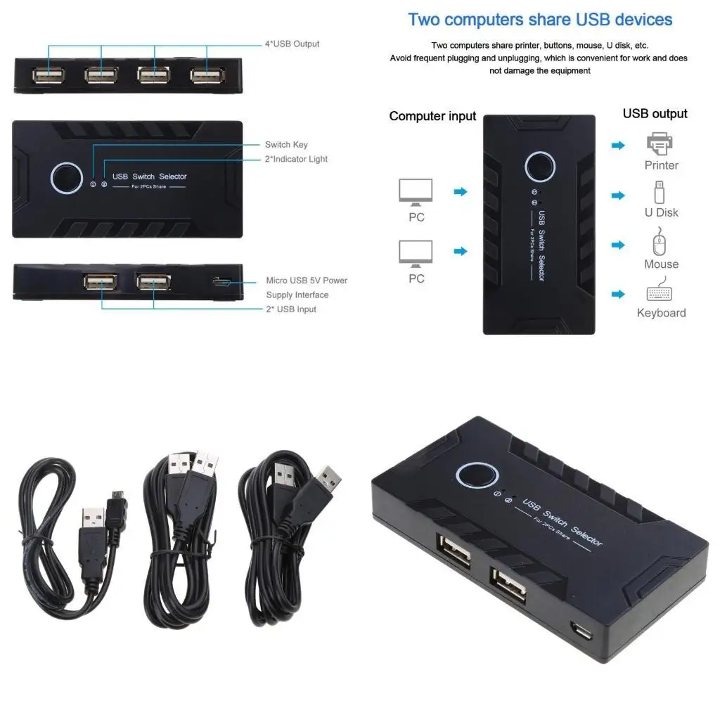652F Printer Sharing Hub Usb2.0 Switcher Device KVM Switch Selector Dock with 2Cables