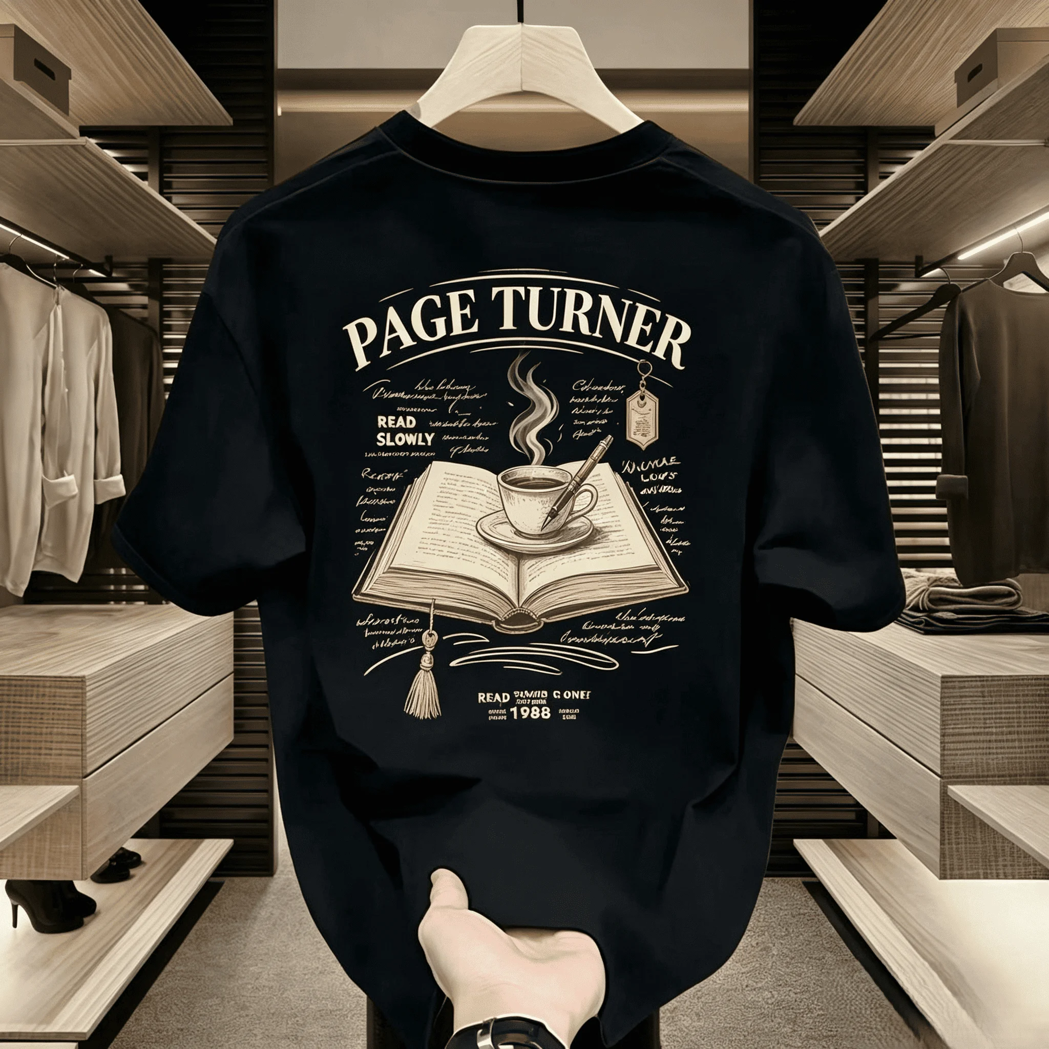 Unisex Page Turner Book Coffee Cup Back Print T Shirt Men Women Vintage Retro Short Sleeve Tee Summer Casual Black Streetwear Tops