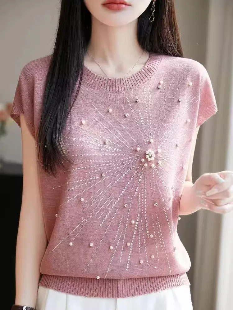 

Beads Diamonds and Short-sleeved Women's T-shirts Ice Silk Slim and Loose Tops Trendy