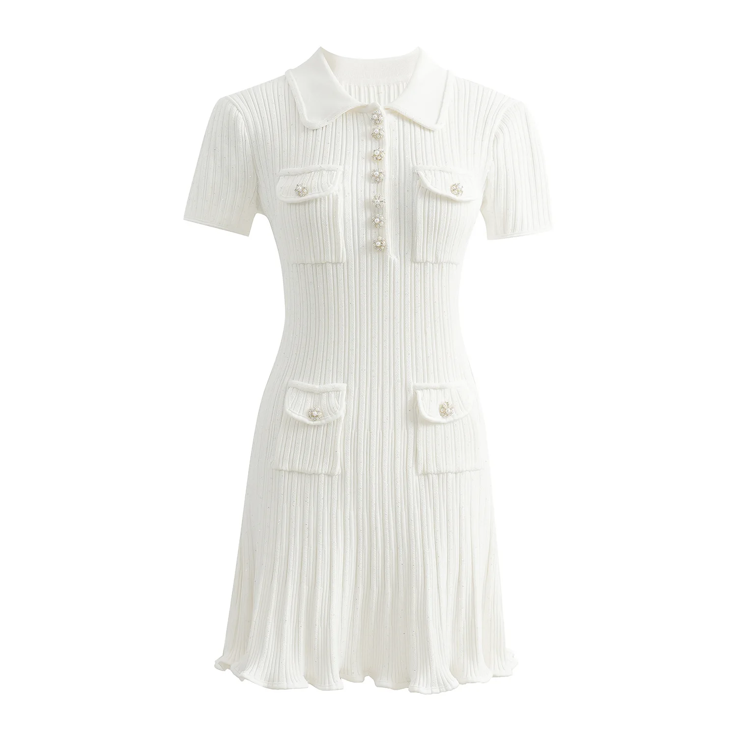 

New classic white Chanel knitted dress with slim waist and elegant diamond-studded A-line short skirt