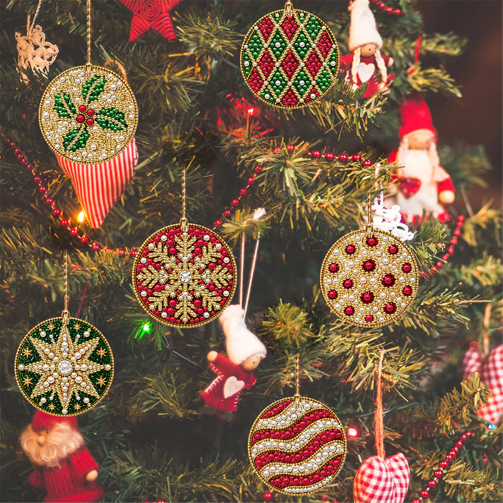 DIY Diamond Painting Christmas Ornaments 6pcs Round Wood Pendants Rhinestone Art Craft Kit with Tools Hemp Rope Included view 5