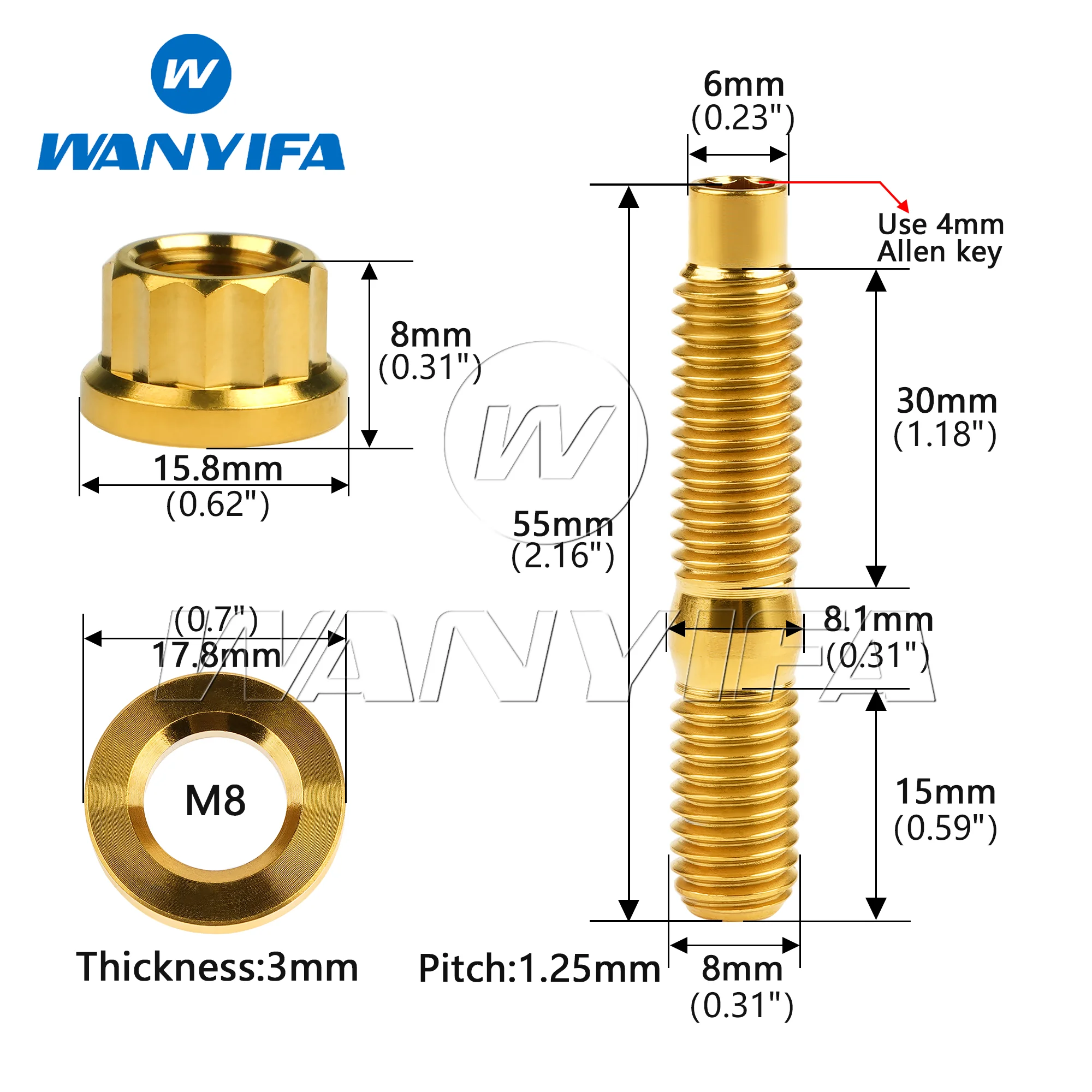 Imagem -06 - Wanyifa-kit Titanium Bolt Intake ou Automotive Exhaust Manifold Stud m8 M10 x 45 54 55 65 mm Pitch 1.25 mm 10 Pcs 15 Pcs