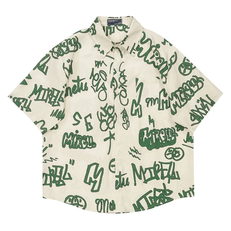 

American Fun Letter Full Print Cargo Shirts Mens Summer Retro Casual Streetwear Lapel Couple Short Sleeve Shirts For Men Top Tee