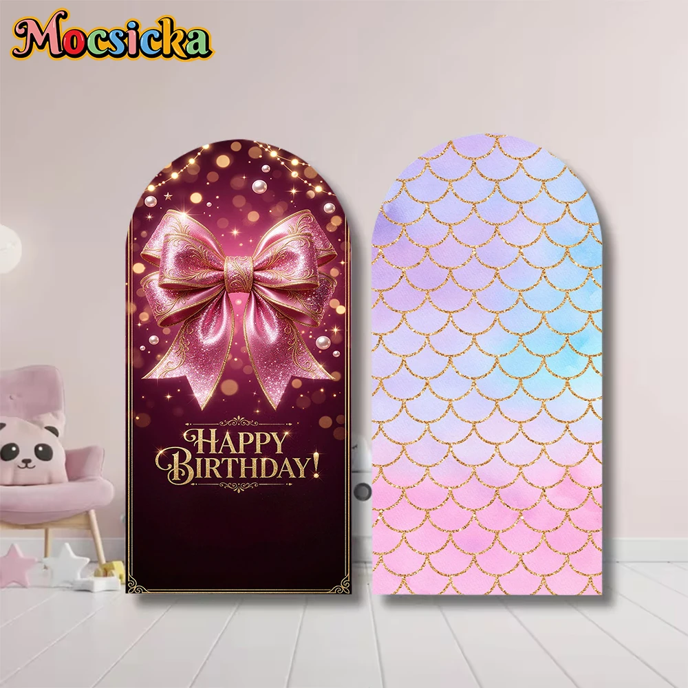 

Mocsicka Happy Birthday Arch Cover Backdrop Double-Sided Arched Background Party Pink Bow Decor Girl Princess Photo Studio Props