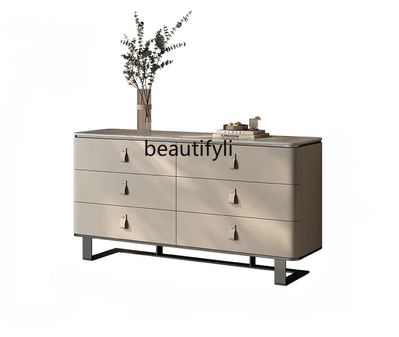 

Italian minimalist light luxury chest cabinet stainless steel rock slab dining side cabinet leather art locker high sense