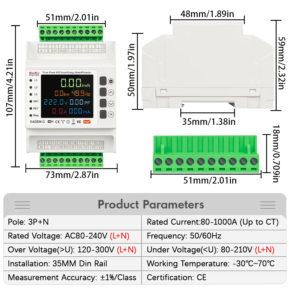 Three Phase Tuya WiFi Smart Bi-Directional Energy Meter with 3 CT Clamps Leakage Over Under Voltage Protector Relay Switch Limit