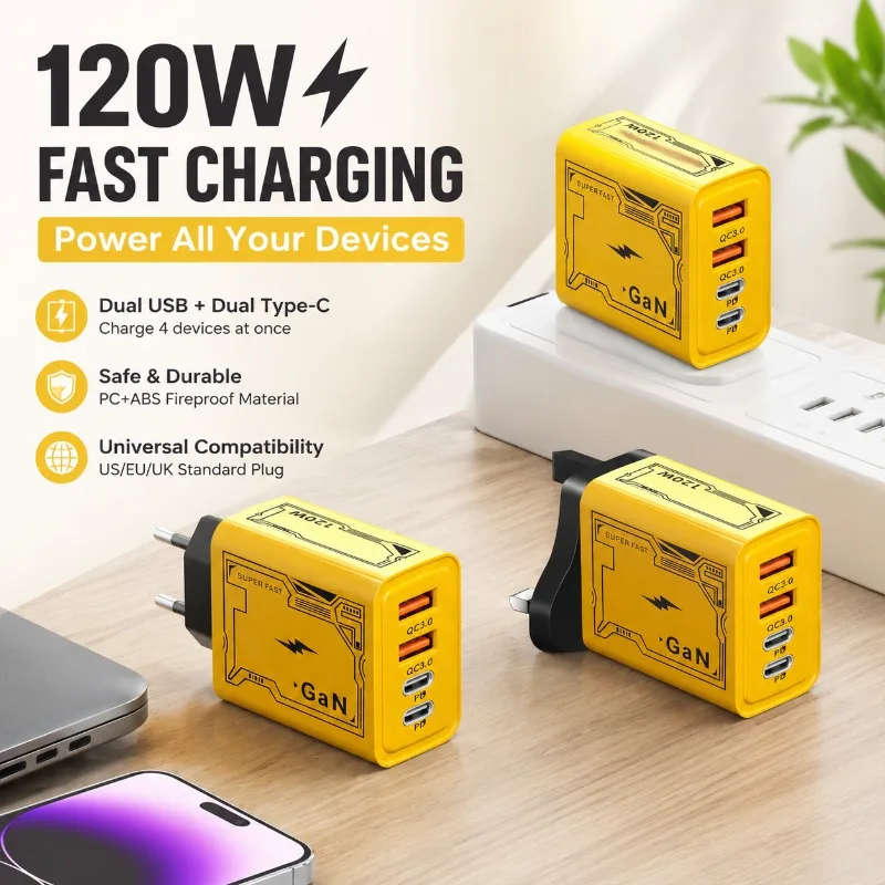 Mech Style 120W PD Smart Wall Charger 4-Port Power Adapter Dual Type-C + Dual USB Fast Charging Block EU UK US Interchangeable