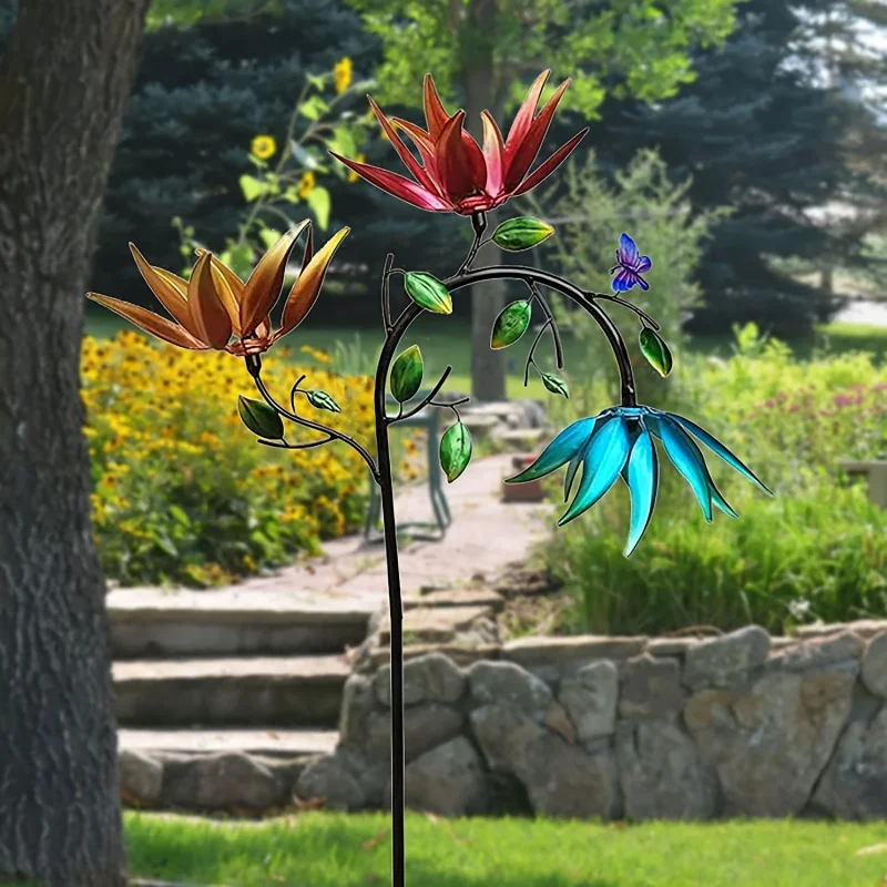 Metal Wind Spinner with Flowers and Butterflies, Three Rotating Flower and Butterfly Windmills for Outdoor Garden Art Decoration