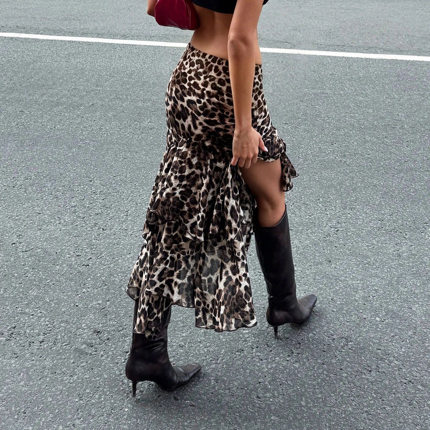 Women Vintage Leopard Print Midi Skirt High Waist Irregular Ruffle Hem Flowy Knitted Mermaid Skirt Streetwear Slim Fit Bodycon