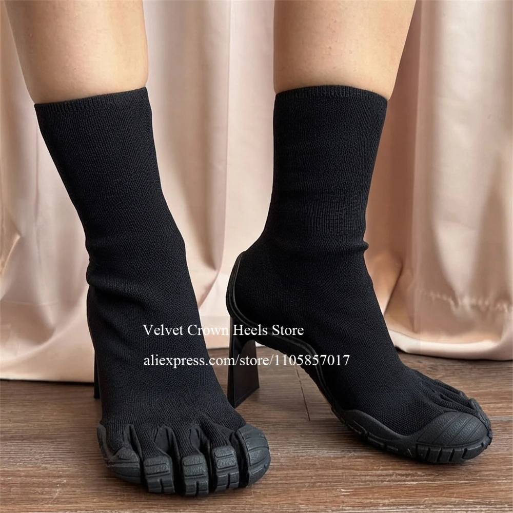 Elastic Fabric Foot Toe Shape Irregular Heel Sock Boots Designer Style Chunky High Heel Mid Calf Boot Animal Print Bootie Autumn