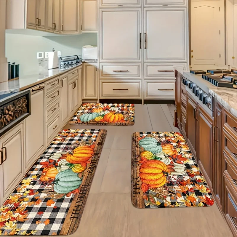 Thanksgiving Farmhouse Kitchen Mat, Autumn Maple Leaf Pumpkin Buffalo Plaid Non-Slip Washable Rug for Holiday Home Decor