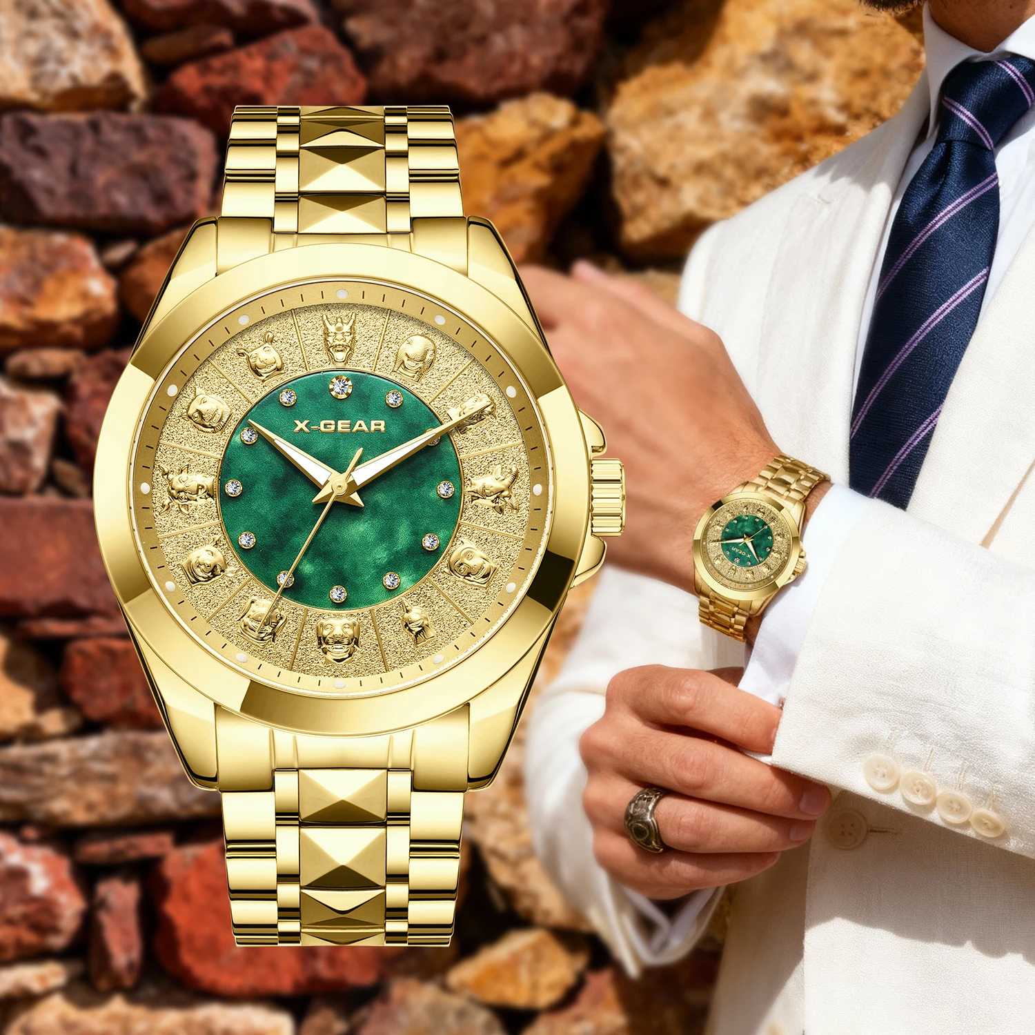 

X-GEAR Chinese Zodiac Men's Mechanical Watch Gold-Toned Stainless Steel Strap Luminous Business Watch