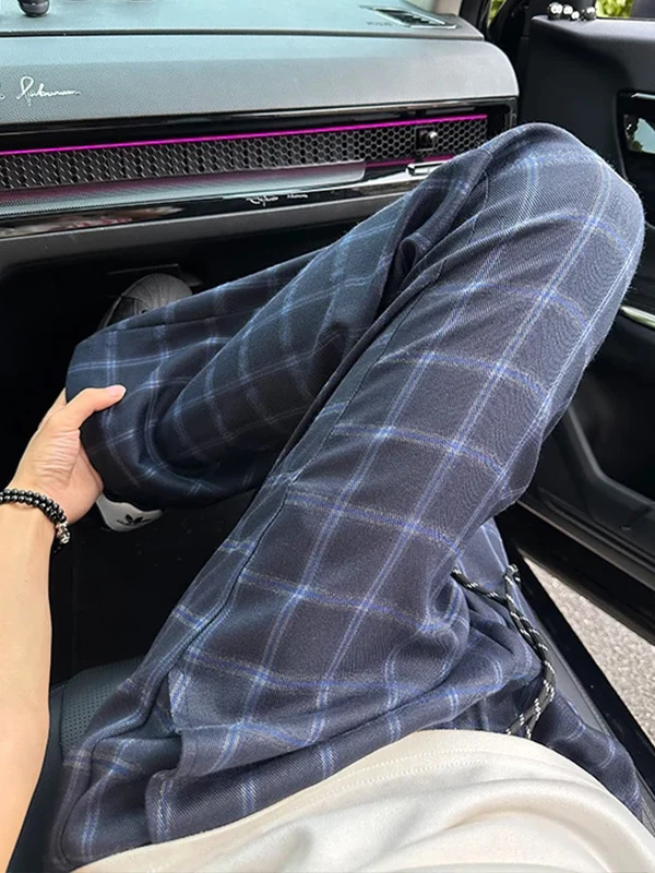 

Cleanfit Men's Slimming Straight Leg Cotton Casual Pants Deep Blue Plaid Trousers American Retro High Waist Knife Bootcut
