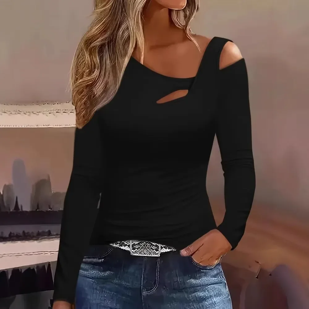 Women New Sexy Cutout Off Shoulder Long Sleeve T-Shirt Versatile Trendy Base Layer Flattering Casual Streetwear Top