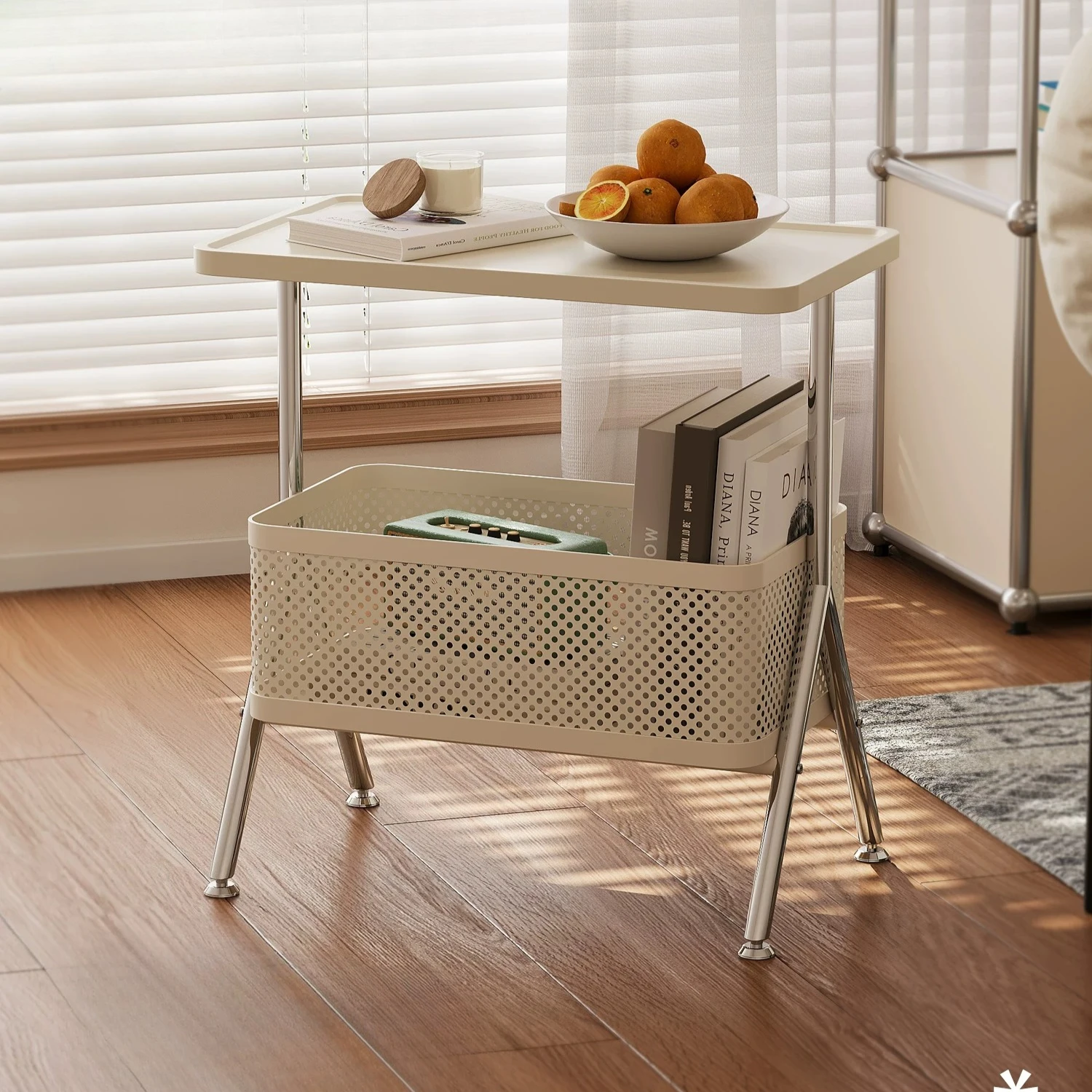 Metal Side Table With Perforated Storage Basket Mini Nightstand End Table Slim Accent Table for Living Room Sofa Small Spaces