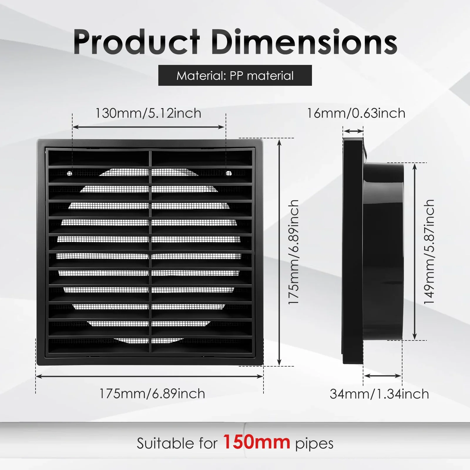 6 Inch Exterior Wall Vent Cover Fine Mesh Screen Fixed Louver Rain Shield 150mm Duct for Bathroom Kitchen Garage Exhaust