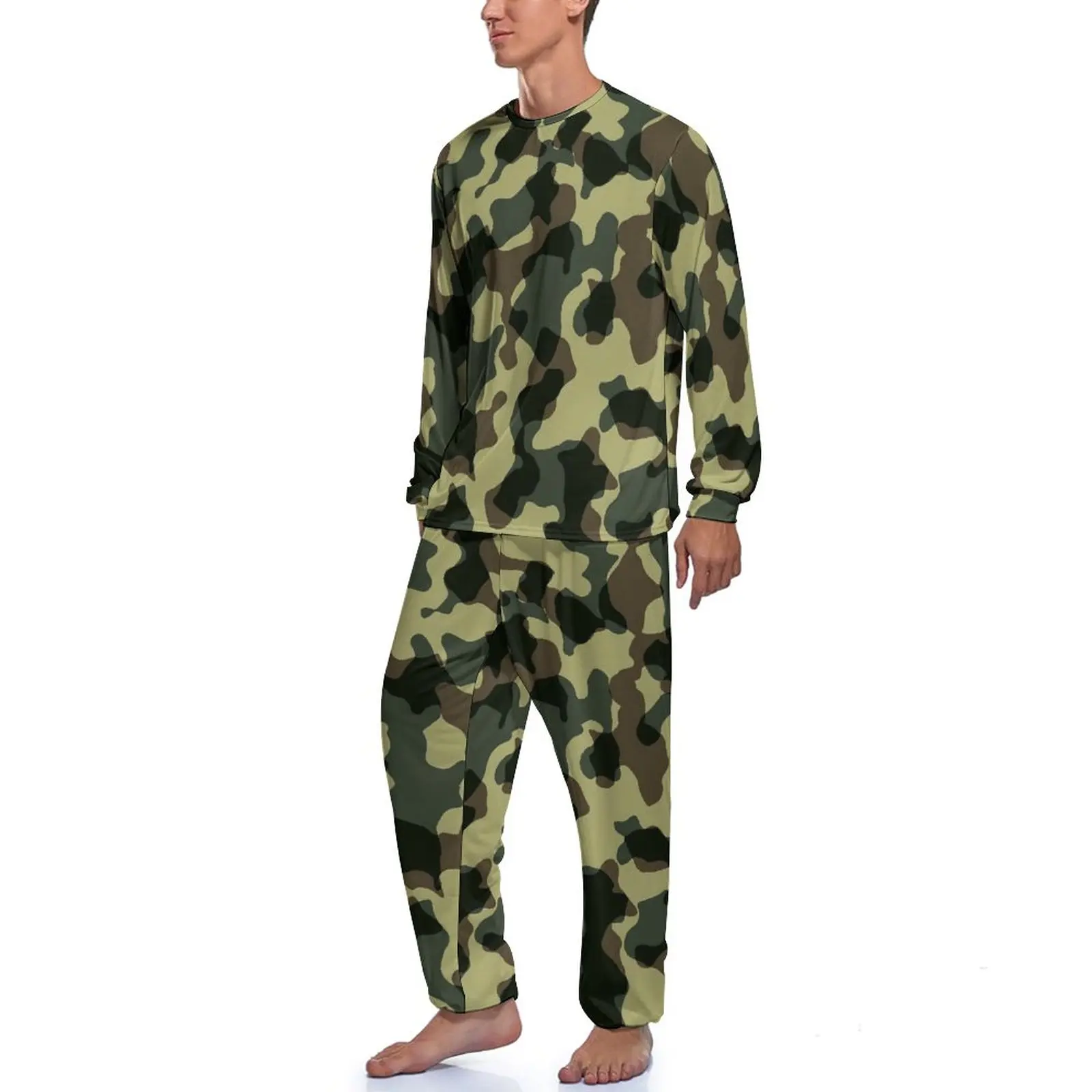 Green Camouflage Pajamas Male Army Camo Retro Home Suit Spring Long Sleeve 2 Pieces Aesthetic Graphic Pajamas Set