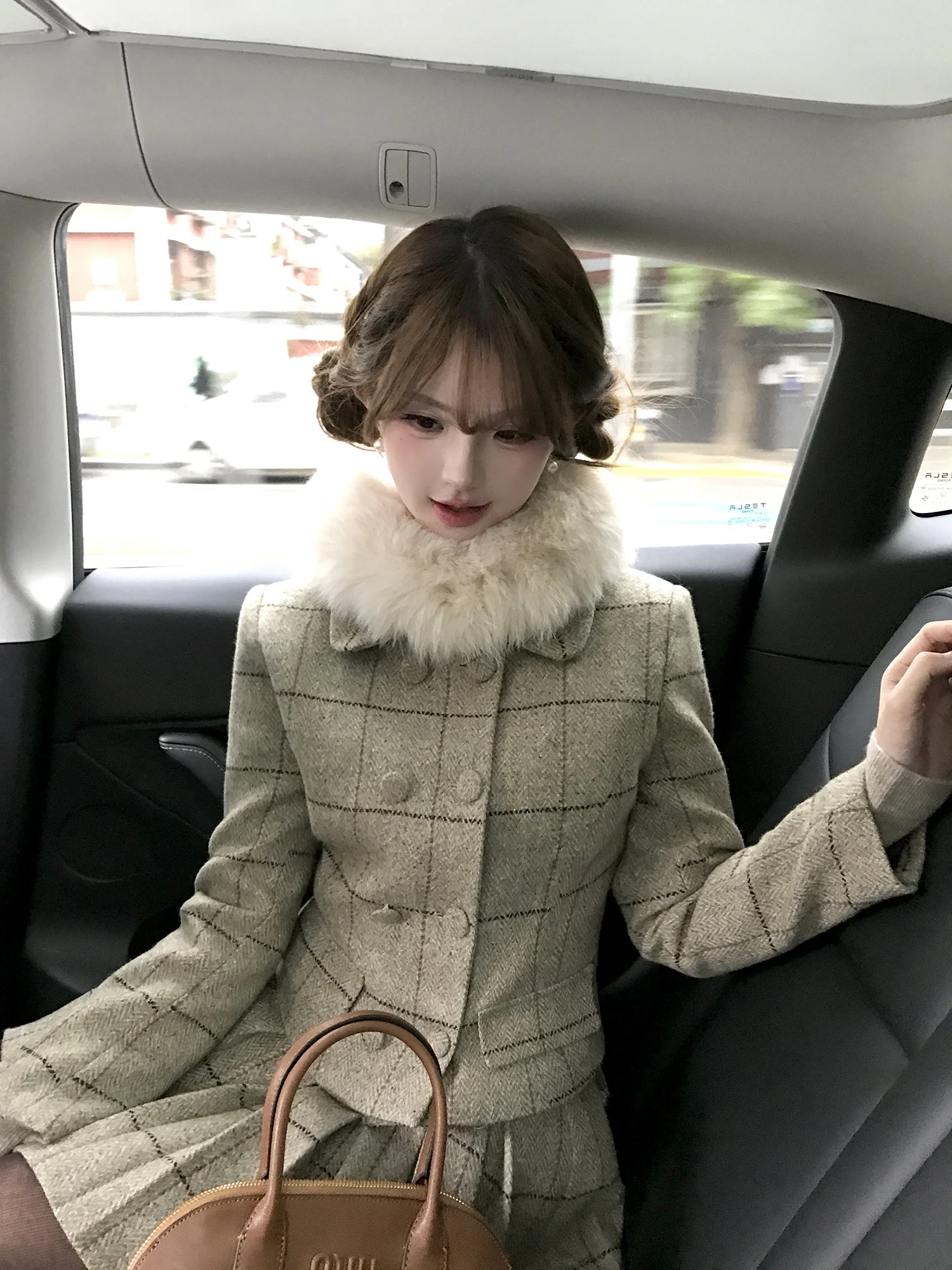 

Initial Dr POKEMENG Small Chestnut Nai 50 Wool Japanese Sle Plaid Cotton Blend Woolen Coat Skirt Set Women's Faion