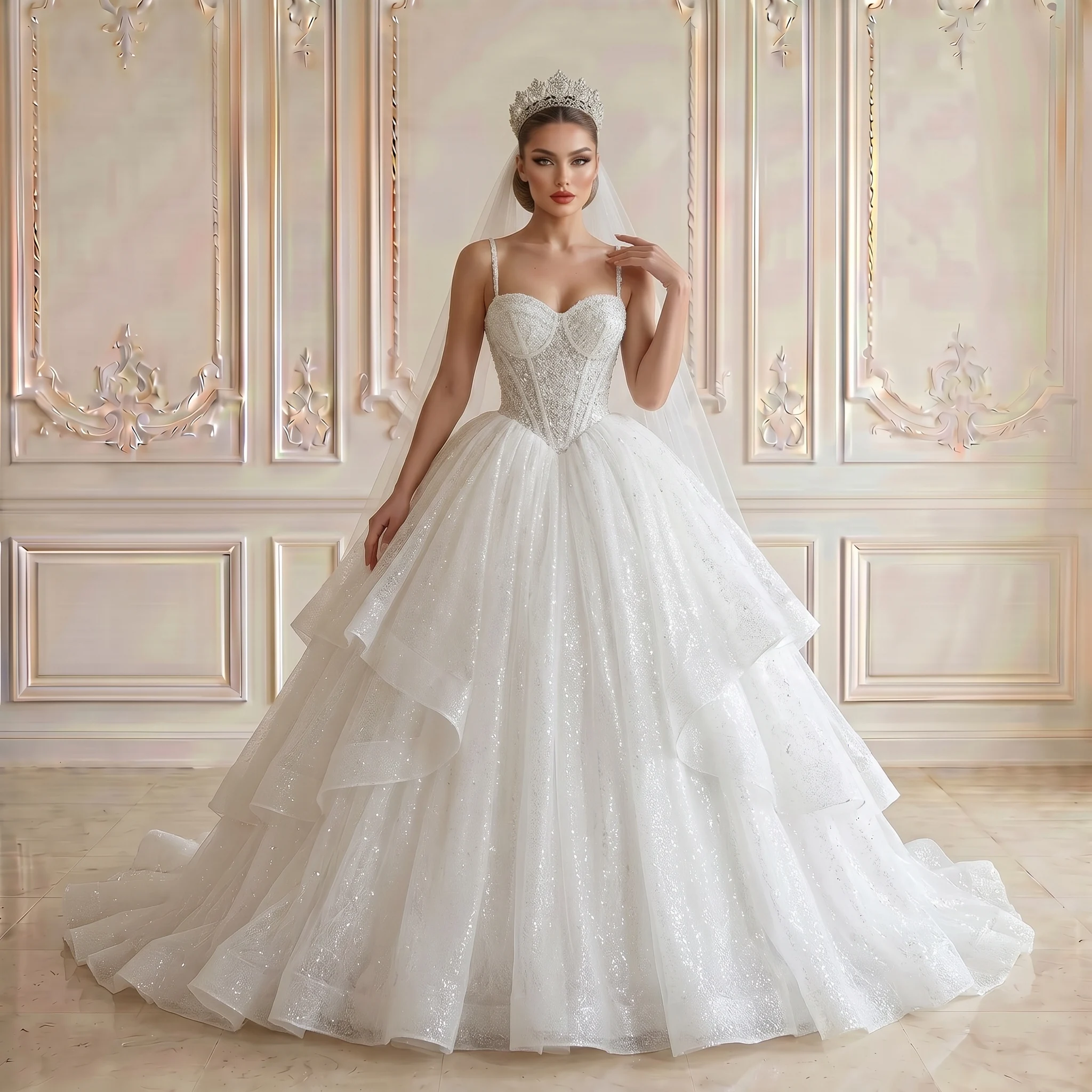 Spaghetti Strap Sweetheart Ball Gown Wedding Dress Beaded Corset Ruffle Glitter Tulle Corset Back Chapel Train Bridal Gown