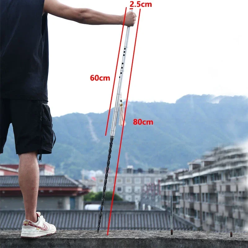 80cm Hand Forged Solid Steel Flute Outdoor Keel Whip Craft Car Emergency Window Breaking Hammer Tool