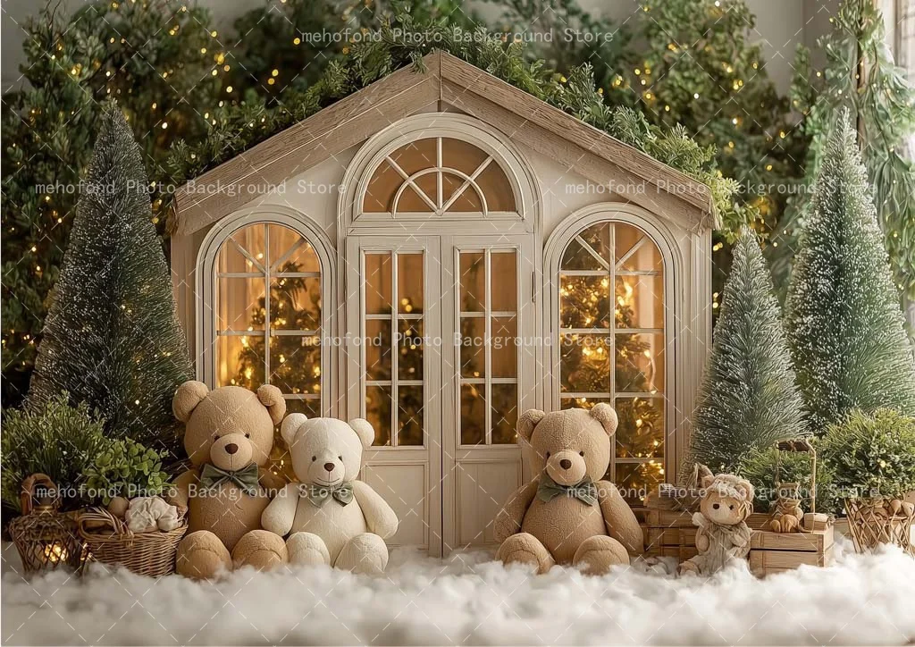 Mehofond Photography Background Christmas Tree House Bear Warm Light White Cotton Basket Kids Family Portrait Backdrop Decor