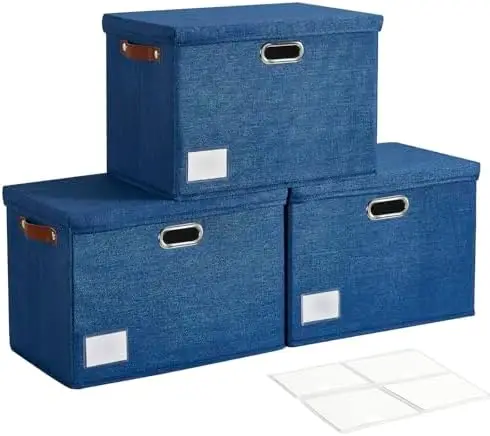 

17" Collapsible Storage Bins with Lids, 3-Pack Stackable Closet Organizers - Navy
