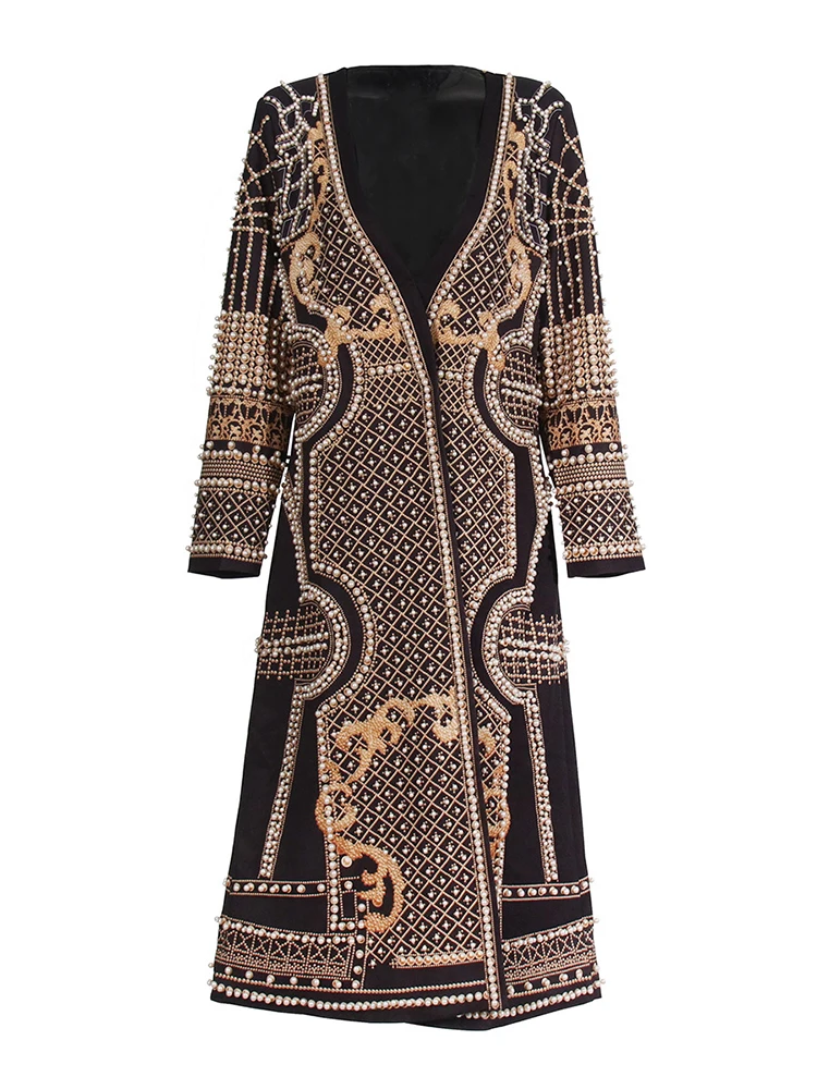 

Winter Sexy V Neck Embellished Beaded Jacket Women Black Long Sleeves Pearl Beading Slim Long Coats Evening Party Gowns
