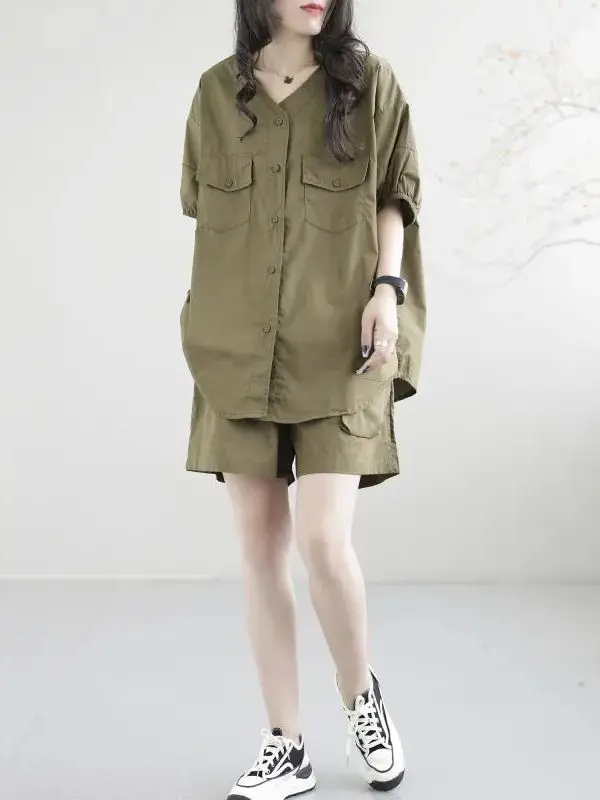 Conjunto informal Faionable de talla grande para mujer, conjunto de dos piezas de algodón cómodo, adelgazante, sentimientos de gama alta, irt orts, verano