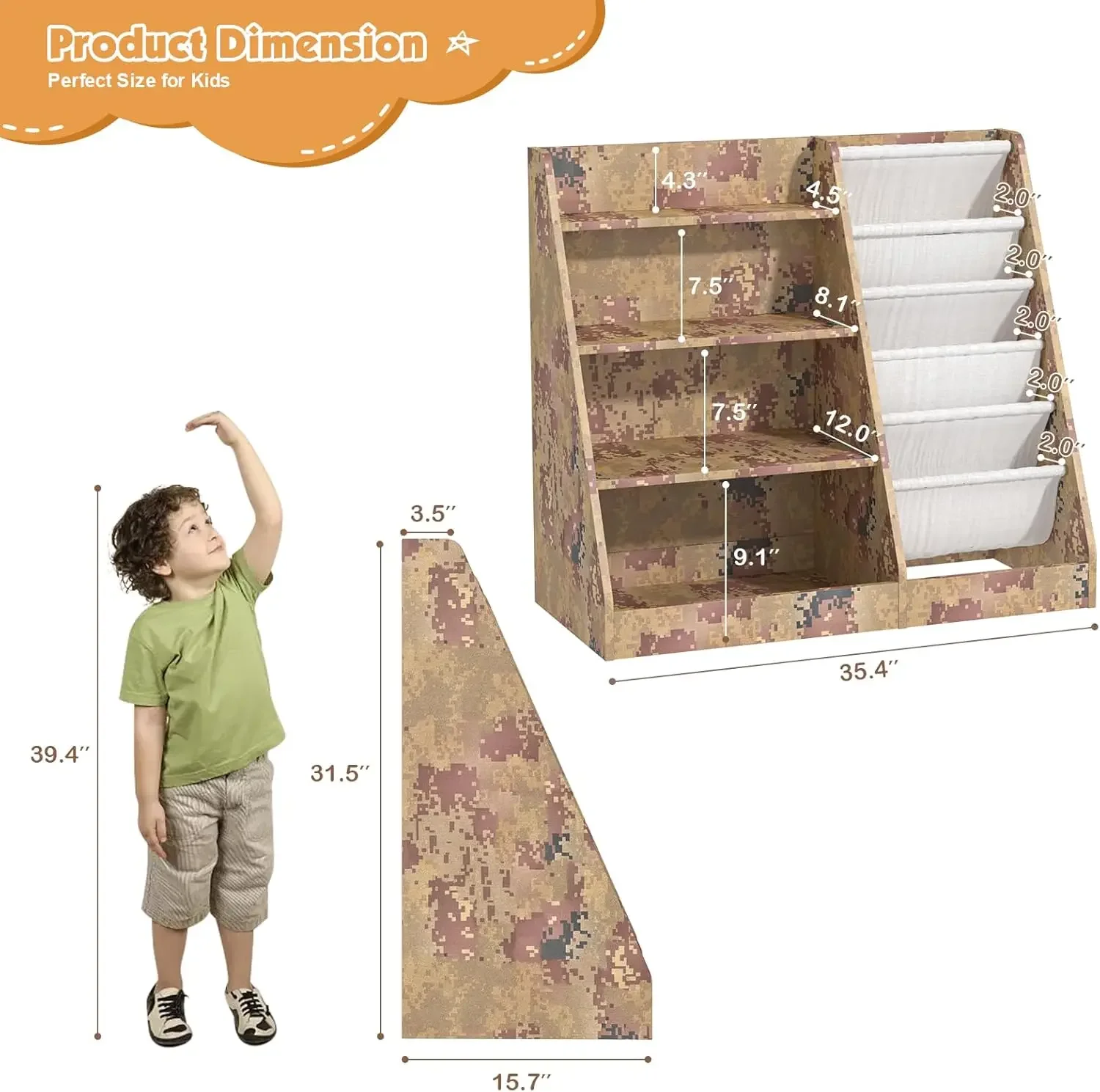 4-stufiges Kinder-Bücherregal aus Holz, fünflagiges Sling-Kinder-Bücherregal, Aufbewahrungsregal für Babys und Kleinkinder, Bücherregal und Spielzeug-Organizer-Schrank