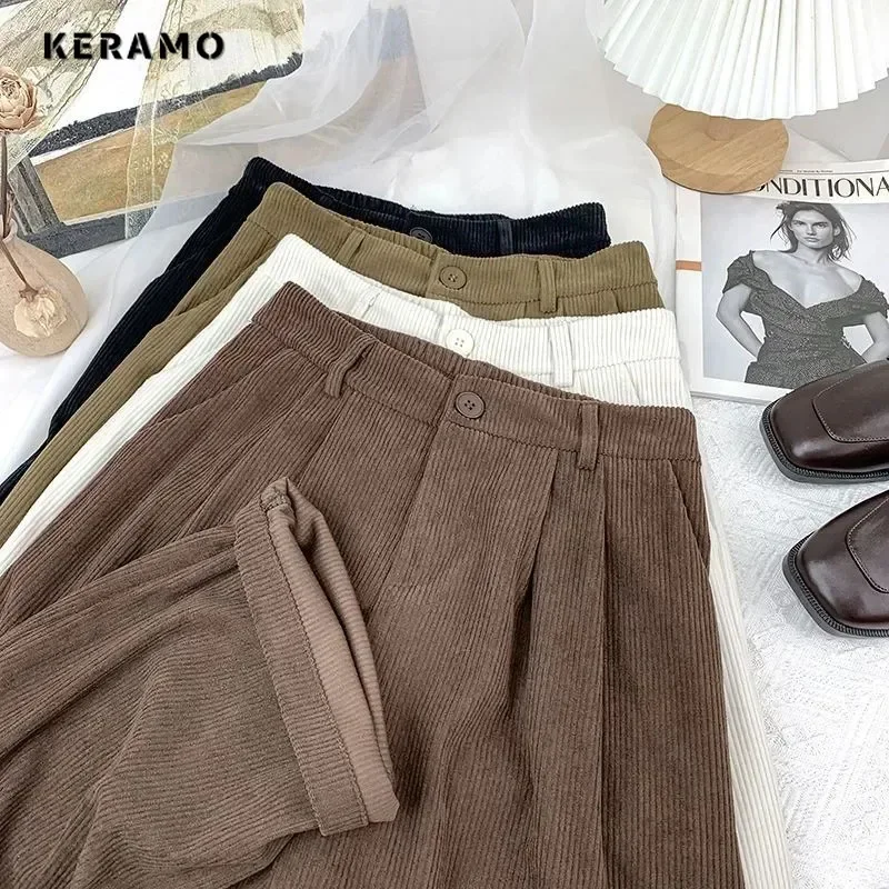 

Lucyever Women Vintage Corduroy Pants High Waist Brown Wide Leg Pants Female Korean Fashion Baggy All Match Straight Trousers